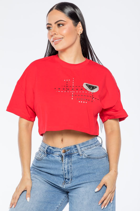 PEANUTBODY Fashion Casual Crop Top Women D'versh by Peanutbody Cotton Casual Crew Neck with stones and leather stamp Clothing Jeans