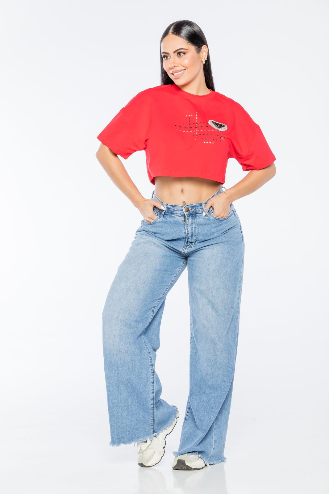 PEANUTBODY Fashion Casual Crop Top Women D'versh by Peanutbody Cotton Casual Crew Neck with stones and leather stamp Clothing Jeans